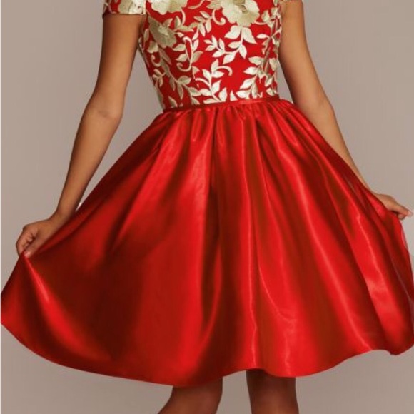 FIFTEEN ROSES Off-The-Shoulder Mini Patterned A-Line Color Red  Size 6   … - Picture 6 of 7